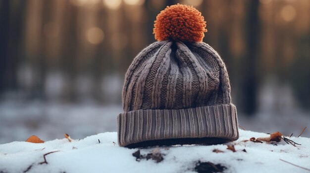 Een foto van een ruige beanie hoed in een winterbos