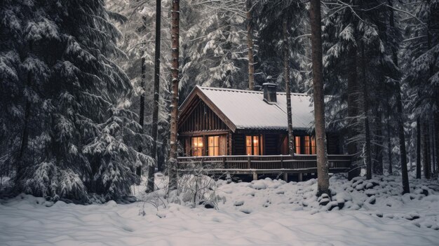 Een foto van een rustieke houten hut in een besneeuwd bos met zacht diffuus licht