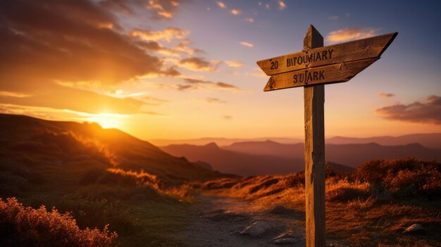 Een foto van een rustieke houten wegwijzer gouden zonsonderganglicht