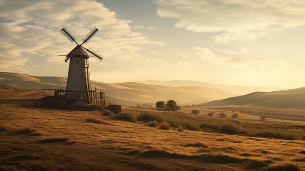 Een foto van een rustieke windmolen in een schilderachtig landschap met glooiende heuvels