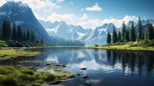 Een foto van een rustig meer of rivier met weerspiegelingen van de natuur