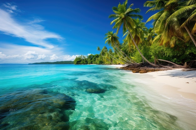 Een foto van een rustig tropisch strand met zwaaiende palmbomen en sprankelend helder water Een tropisch paradijs met een palmbad en helder turquoise water AI Generated