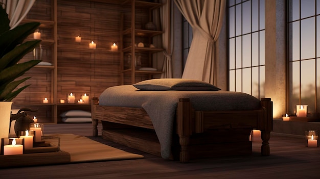 Een foto van een rustige massage kamer met rustgevende decoratie