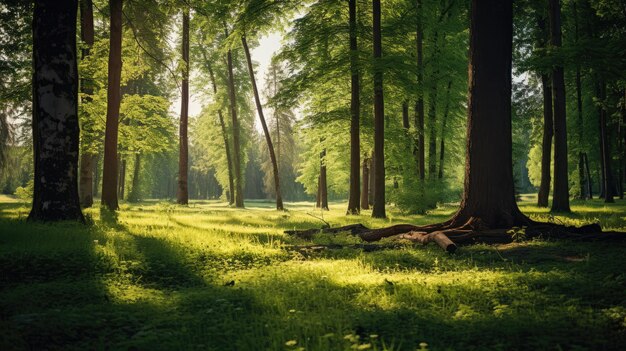 Een foto van een rustige weide in het midden van een dicht bos met zonlicht