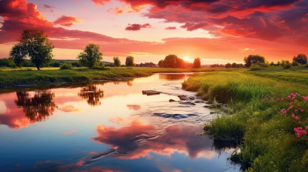 Een foto van een rustige weide met een kronkelende rivier warme zonsondergang gloed