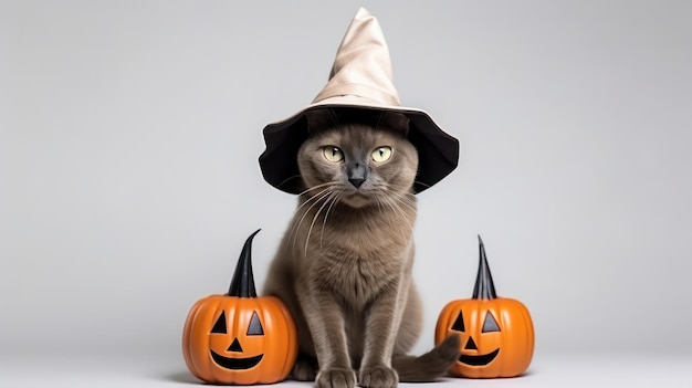 een foto van een schattige Birmaanse kat die een heksenhoed gebruikt voor de Halloween viering