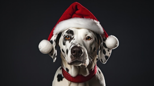 Foto een foto van een schattige dalmatische hond die een santa claus kostuum en hoed draagt voor een kerstfeest