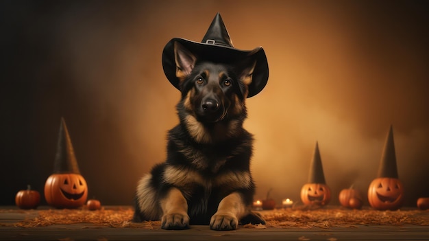 een foto van een schattige Duitse herder gebruikt een heksenhoed voor Halloween-viering