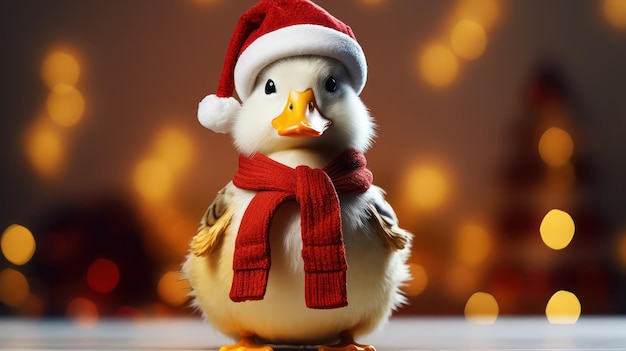 een foto van een schattige eend die een Santa Claus kostuum en hoed draagt voor de kerstviering