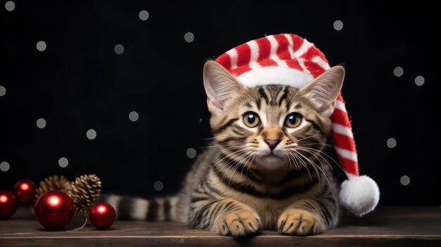 Foto een foto van een schattige gelukkige glimlachende toyger kat die een santa claus kostuum draagt
