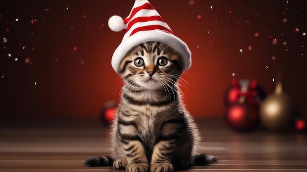 een foto van een schattige gelukkige glimlachende toyger kat die een Santa Claus kostuum draagt