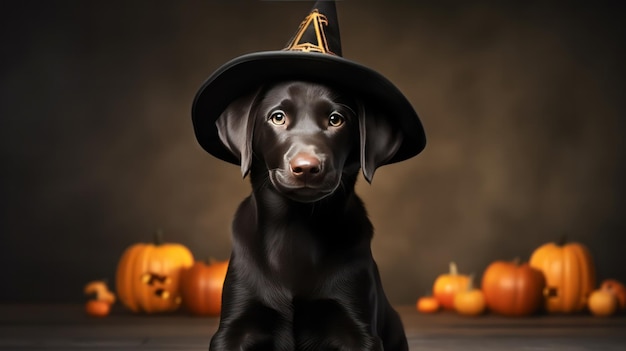 een foto van een schattige Labrador Retriever-hond die een heksenhoed gebruikt voor Halloween-viering