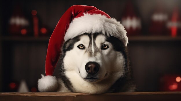 Foto een foto van een schattige siberische husky hond die een santa claus kostuum draagt voor de kerstviering