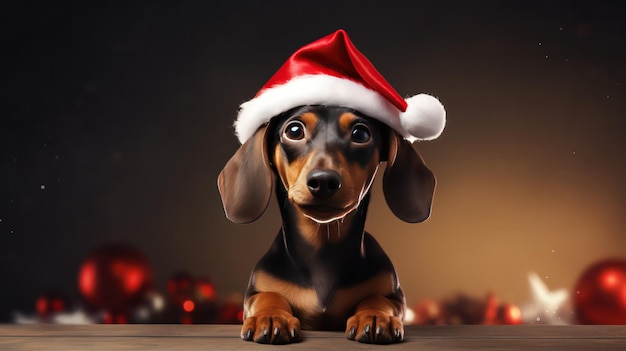 een foto van een schattige teckelhond die een kerstmankostuum en -hoed draagt tijdens de kerstviering