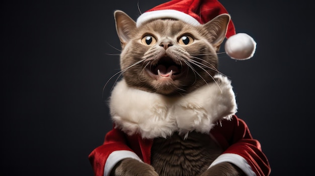 een foto van een schattige vrolijke glimlachende bruine Birmese kat die een Santa Claus kostuum draagt