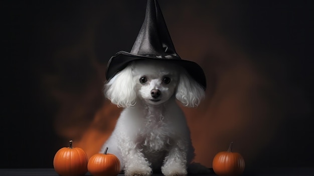 een foto van een schattige witte poedelhond gebruikt heksenhoed voor halloween-viering