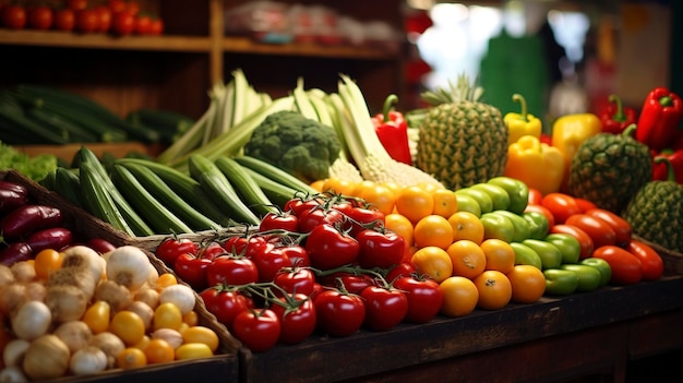 Een foto van een scherm met vers fruit en groenten op een markt