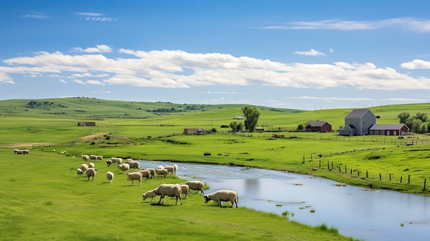 Een foto van een schilderachtige boerderij met glooiende groene velden en boerderijdieren