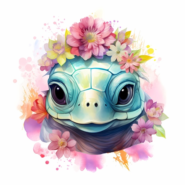 een foto van een schildpad met bloemen erop