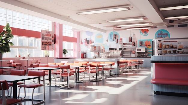 Een foto van een schoolcafeteria met een abstract voedselthema