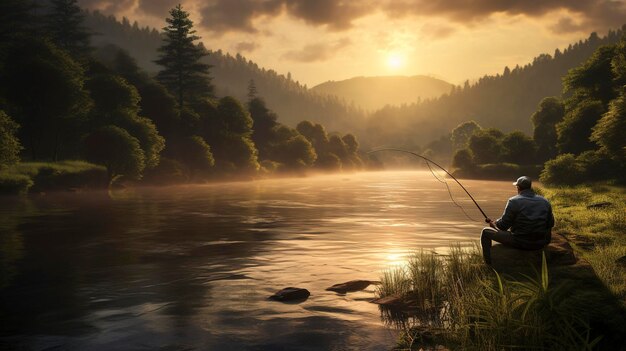 Een foto van een serene ochtend vissen op een rivier