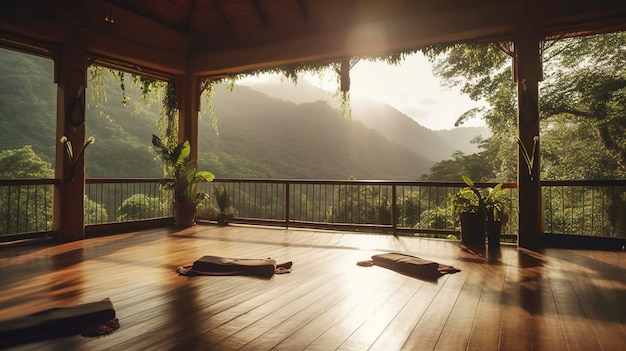 Een foto van een serene yoga retreat in een natuurlijke omgeving