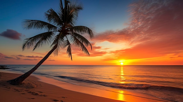 Een foto van een serene zonsondergang op het strand met een eenzame palmboom die in de zachte bries zwaait