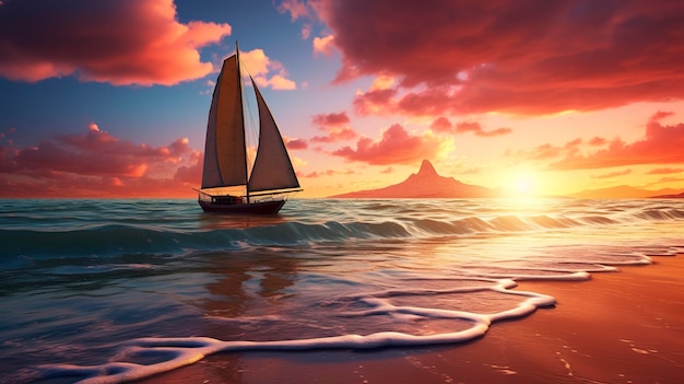 Een foto van een serene zonsondergang op het strand met een eenzame zeilboot aan de horizon