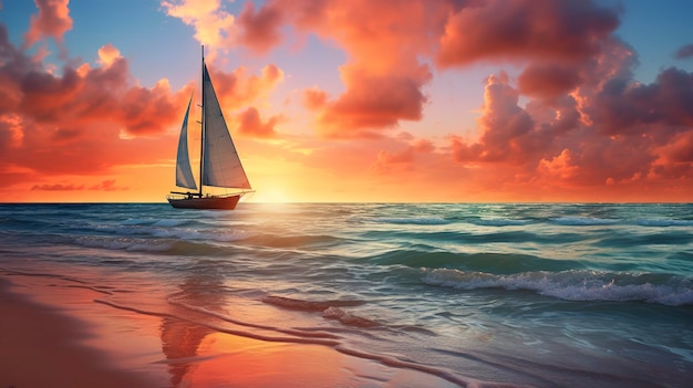 Een foto van een serene zonsondergang op het strand met een eenzame zeilboot aan de horizon