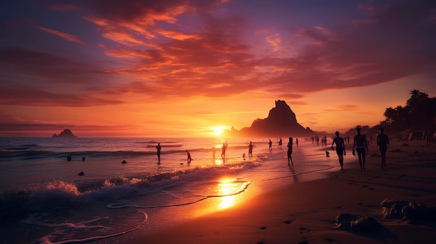 Een foto van een serene zonsondergang op het strand met een groep vrienden die volleybal spelen in het vervaagende licht