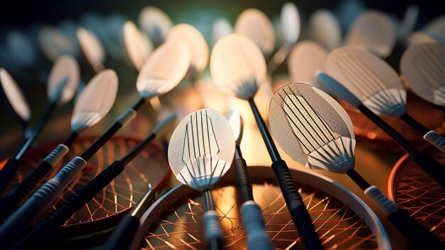 Een foto van een set badminton racketten en shuttlecok