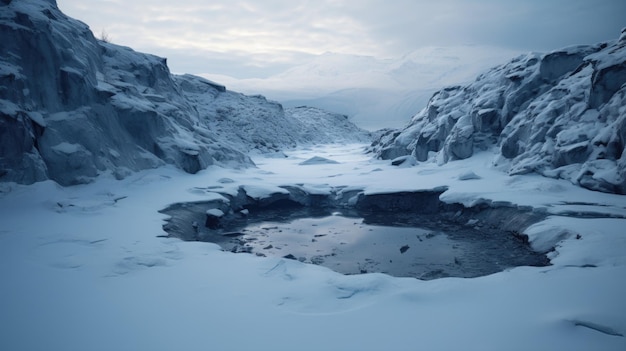 Een foto van een sinkhole in een besneeuwde bergketen met zacht diffuus licht