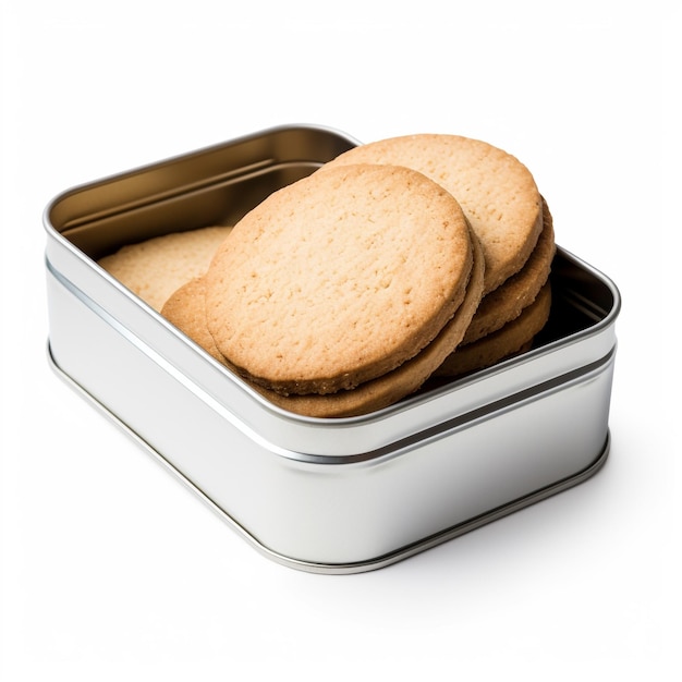 Foto een foto van een slanke shortbread biscuit container met oatcakes geïsoleerd op witte achtergrond