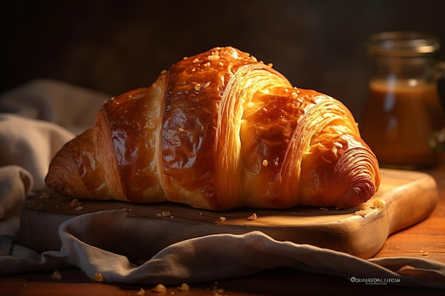 Een foto van een smakelijke verse filmische gouden croissant Generatieve Ai