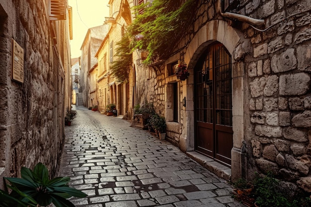 Een foto van een smalle geplaveide straat met historische gebouwen in een oude stad Smalle geplaveides straten in een historische Europese stad