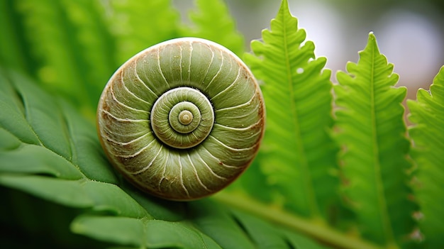 Een foto van een spiraalpatroon op een slakken schelp bladgroene achtergrond