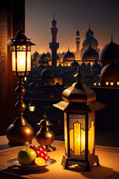 Een foto van een stad met lantaarns en lichten