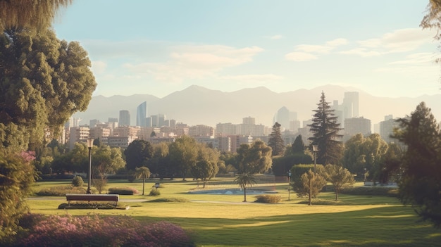 Een foto van een stadsbeeld met een park in de voorgrond bergen in de verte