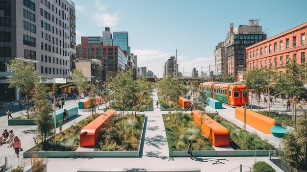 Foto een foto van een stadsbeeld met levendige openbare ruimtes