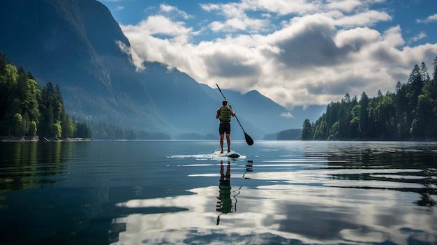 Een foto van een stand-up paddleboarder die op een glazen meer glijdt