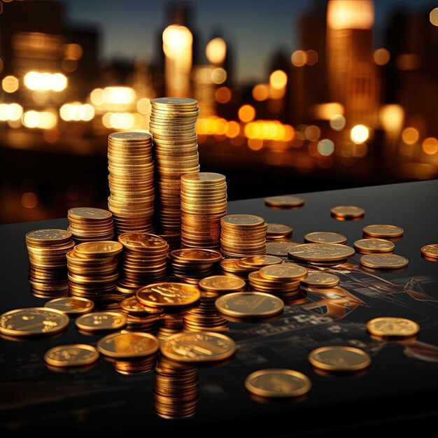 een foto van een stapel gouden munten met het woord geld erop