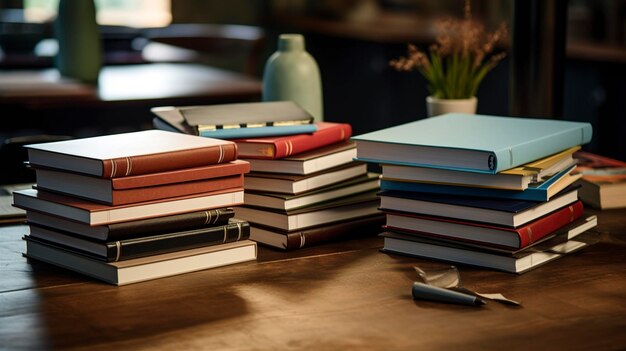 Een foto van een stapel notitieboeken en planners op een bureau