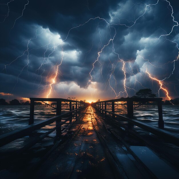 een foto van een storm met een brug op de achtergrond