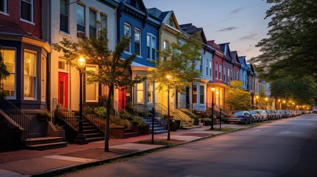 Foto een foto van een straat met kleurrijke herenhuizen zacht avondlicht