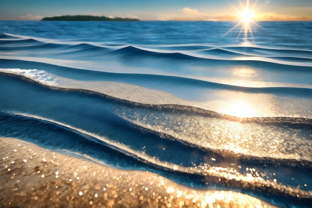Een foto van een strand met een blauwe oceaan en de zon erop.
