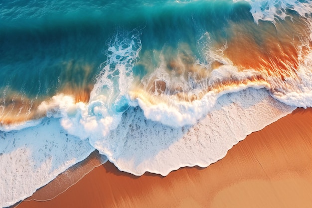 Een foto van een strand met een blauwe oceaangolf die op het zand verplettert.