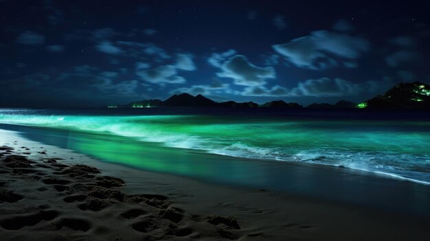 Foto een foto van een strand met flikkerende banden van groene en blauwe oceaanachtergrond