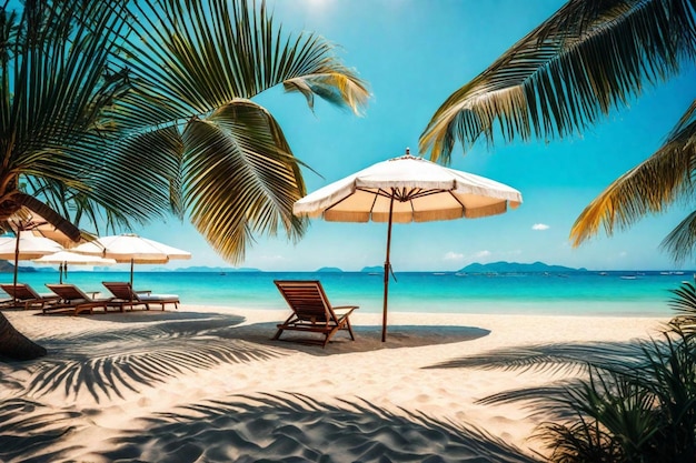 een foto van een strand met palmbomen en een strandparaplu