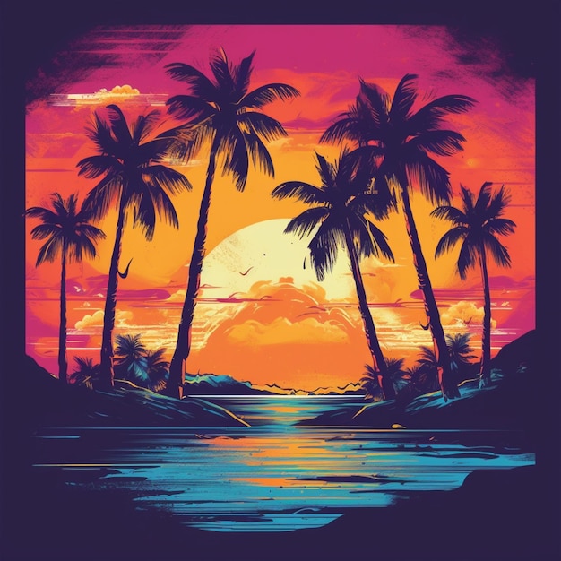 Een foto van een strand met palmbomen en een zonsondergang generatieve ai