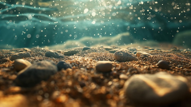 een foto van een strand met stenen en water